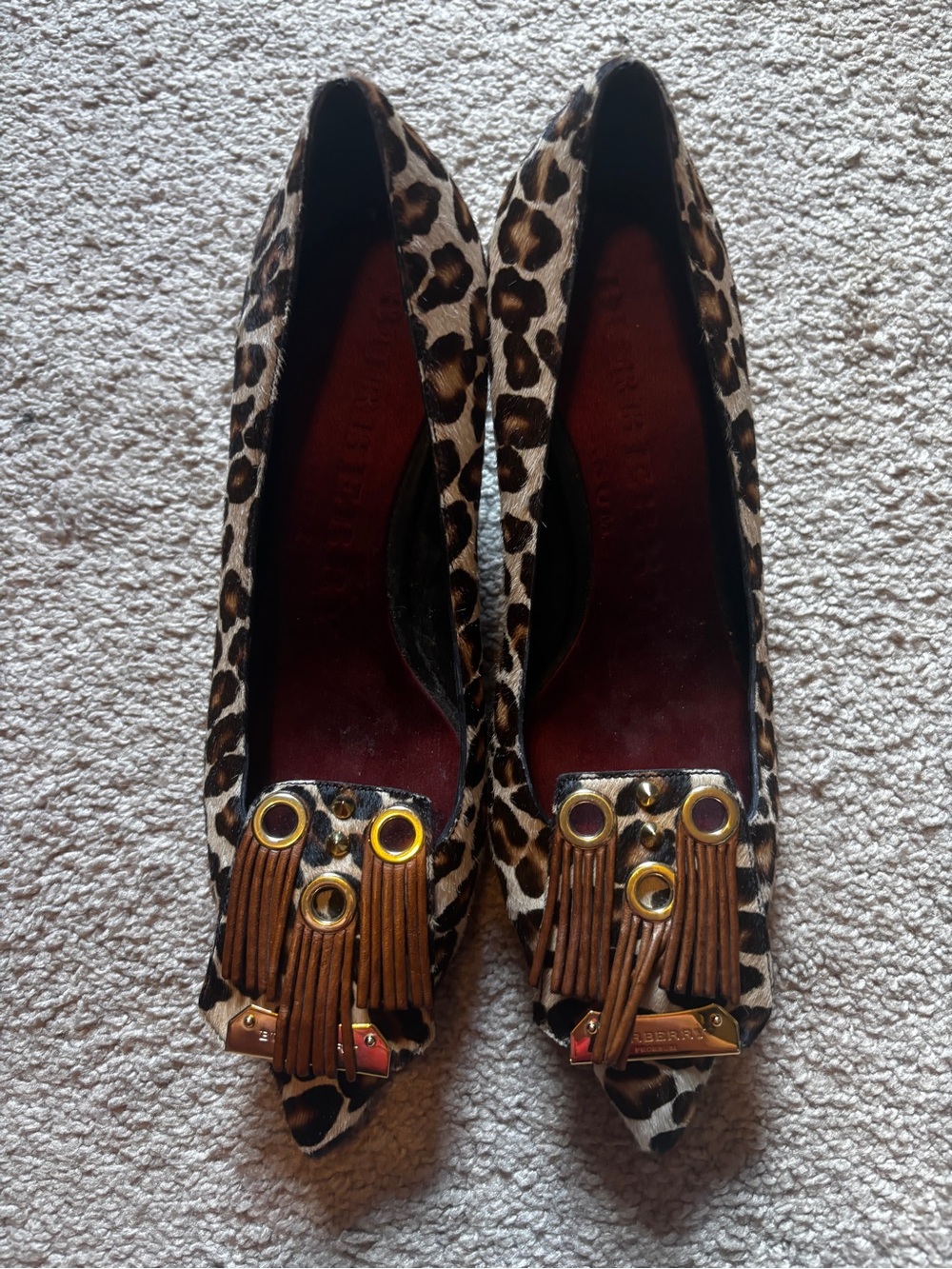 Burberry Leopard Print Pointed Toe Flats with Tassel and Gold Accents